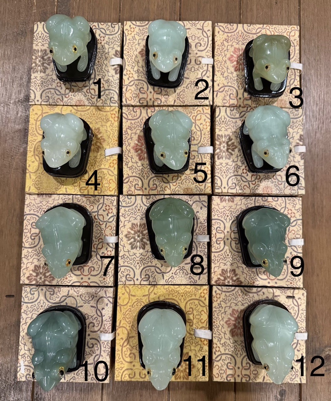 Vintage Hand Carved Jade Frog with Custom Lacquered Wood Base Original Boxes