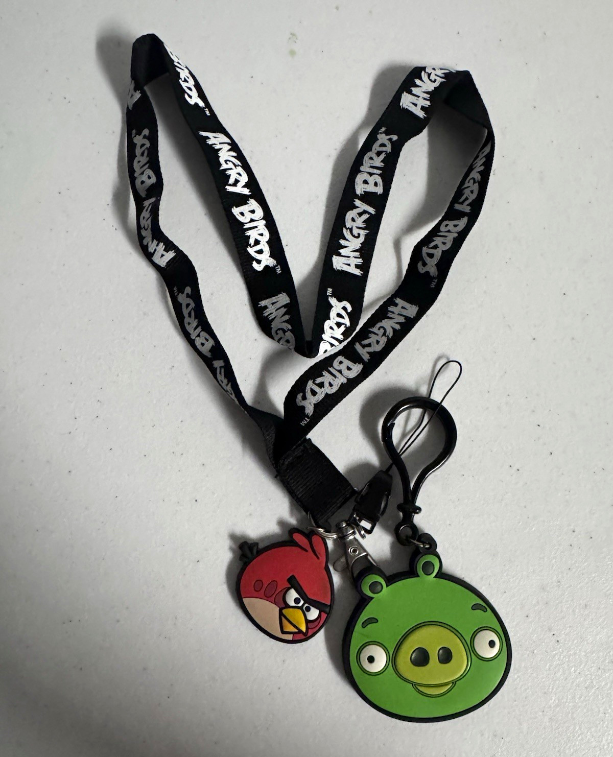 Angry Birds Black Lanyard Keychain w/ Red Bird & Green Pig, Plastic, Carabiner