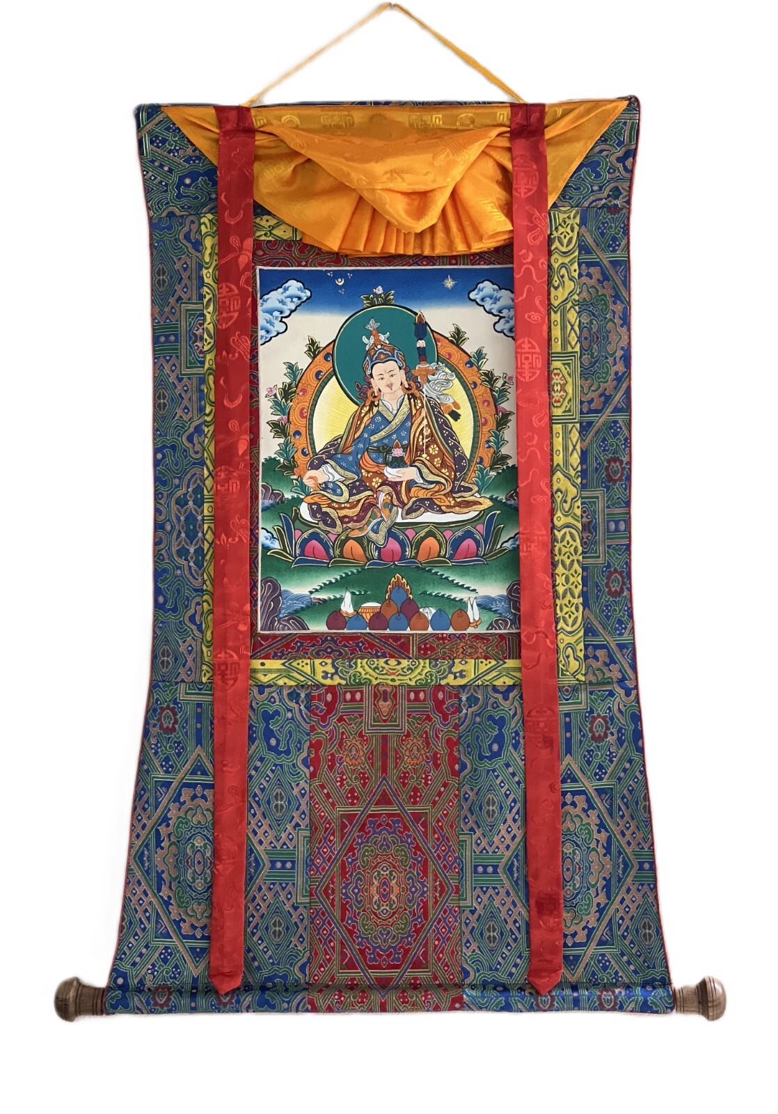 HAND PAINTEED GURU PADMASAMBHAVA  TIBETAN THANGKA PAINTING WITH SILK BROCADE
