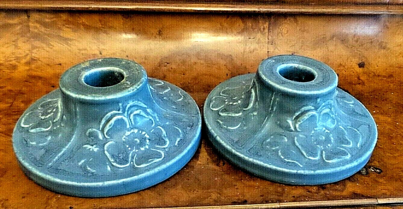 TWO VINTAGE ROOKWOOD CANDLE HOLDERS BLUE DOGWOOD BLOSSOM
