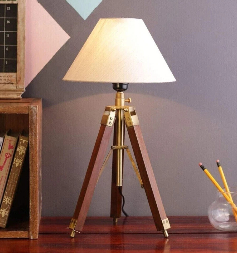 Antique Brass Tripod Table Lamp Wooden Stand Vintage Home Office Decor