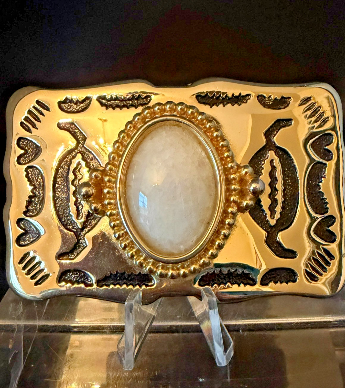 Vintage Western Southwestern Belt Buckle Gold Tone Black Accents White Cabochon