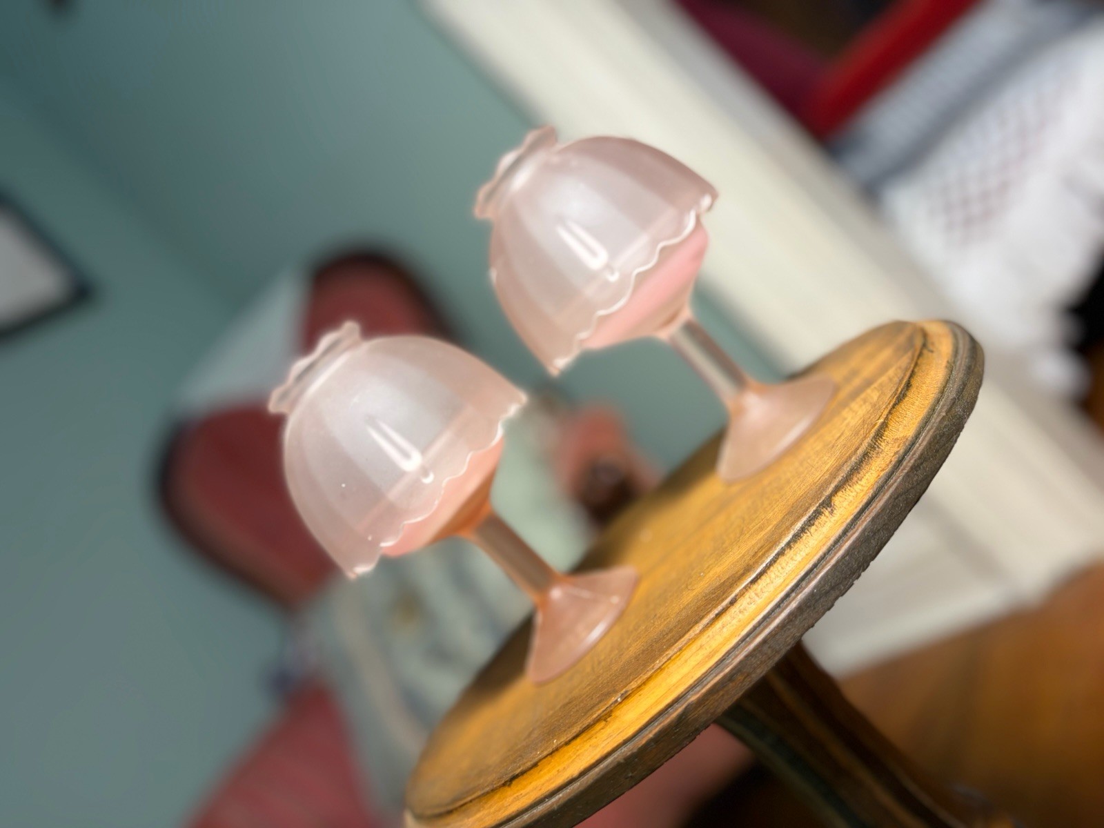 Pair of Vintage Satin Pink Glass Pedestal Fairy Lamps 5” tall 