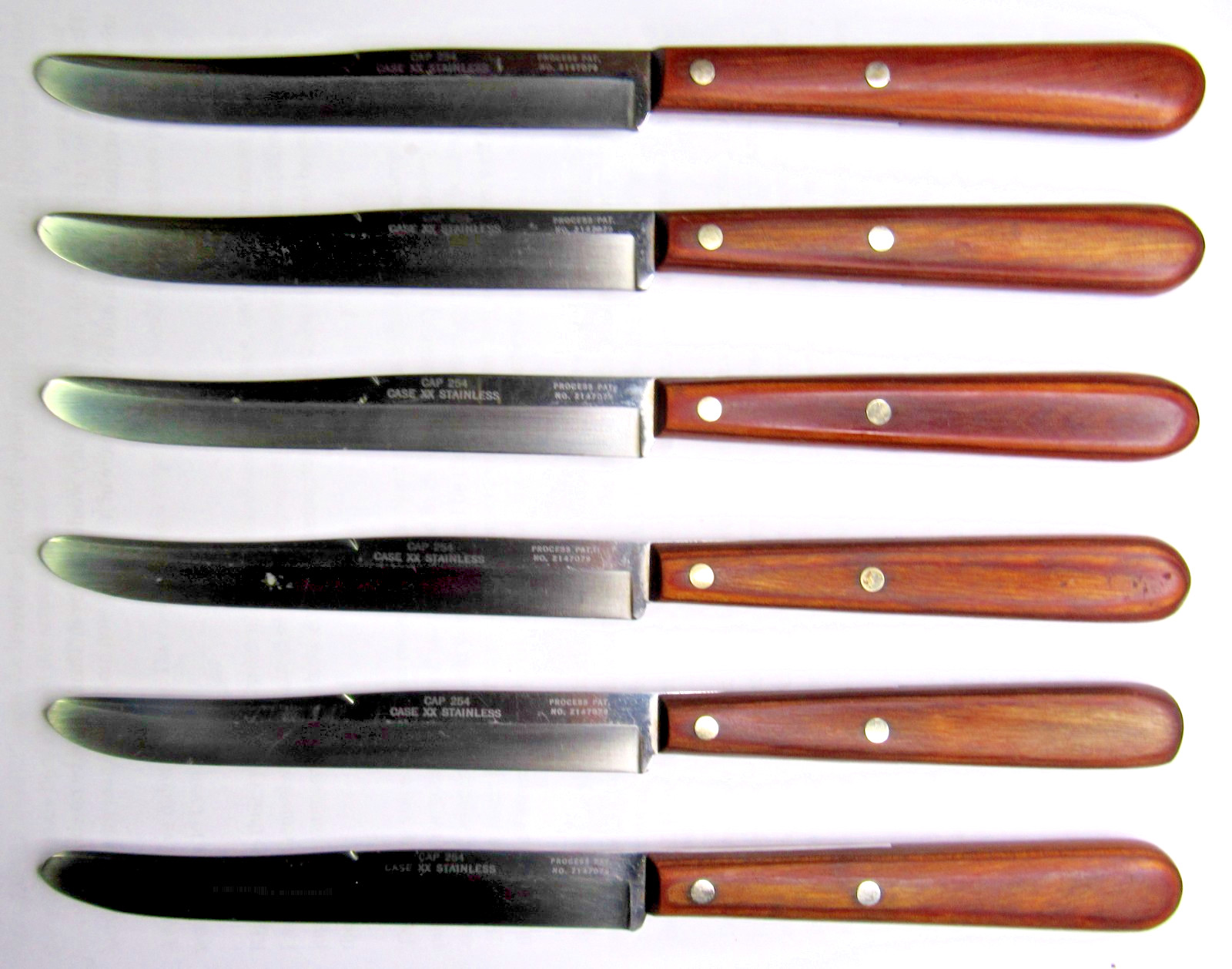 VINTAGE SET OF 6 CASE XX STAINLESS CAP 254 STEAK KNIVES With WOODEN HANDLES