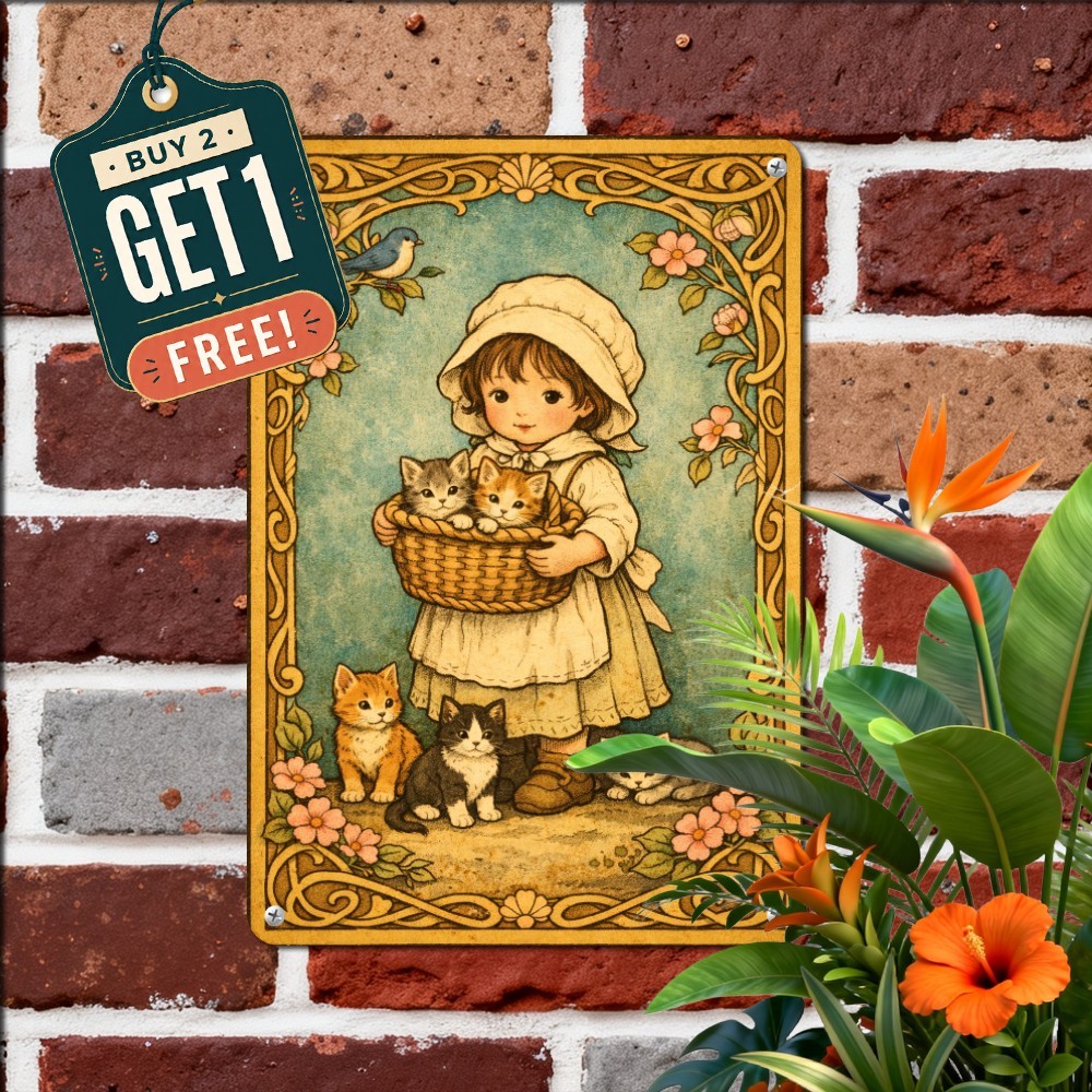 Sweet Young Girl with Kittens Pet Art Tin Sign Vintage Country Wall Art