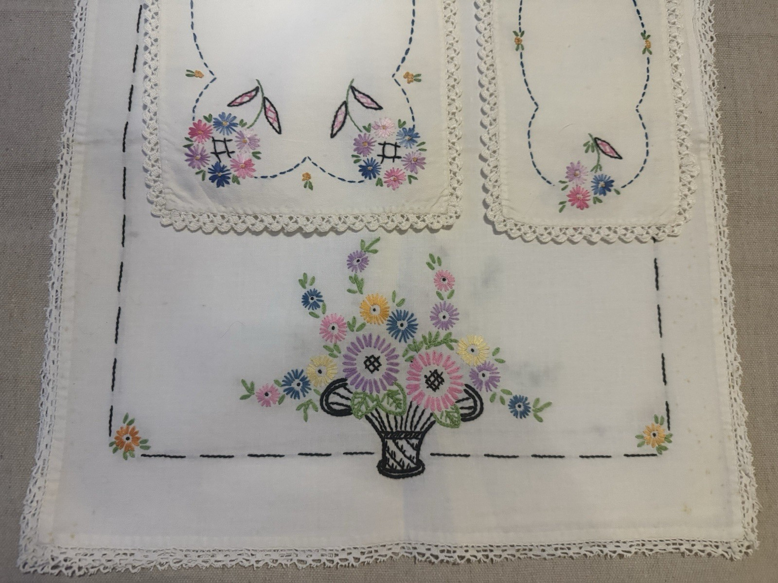 Vtg 1950s Dresser Scarves Floral Basket Hand Embroidered Crocheted Linen Set 3