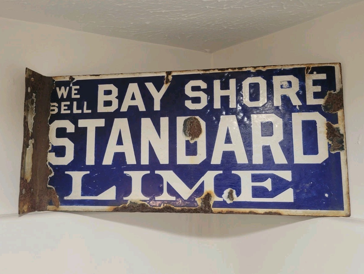 Vtg Early We Sell Bay Shore Standard LIME Porcelain Advertising Sign Flange