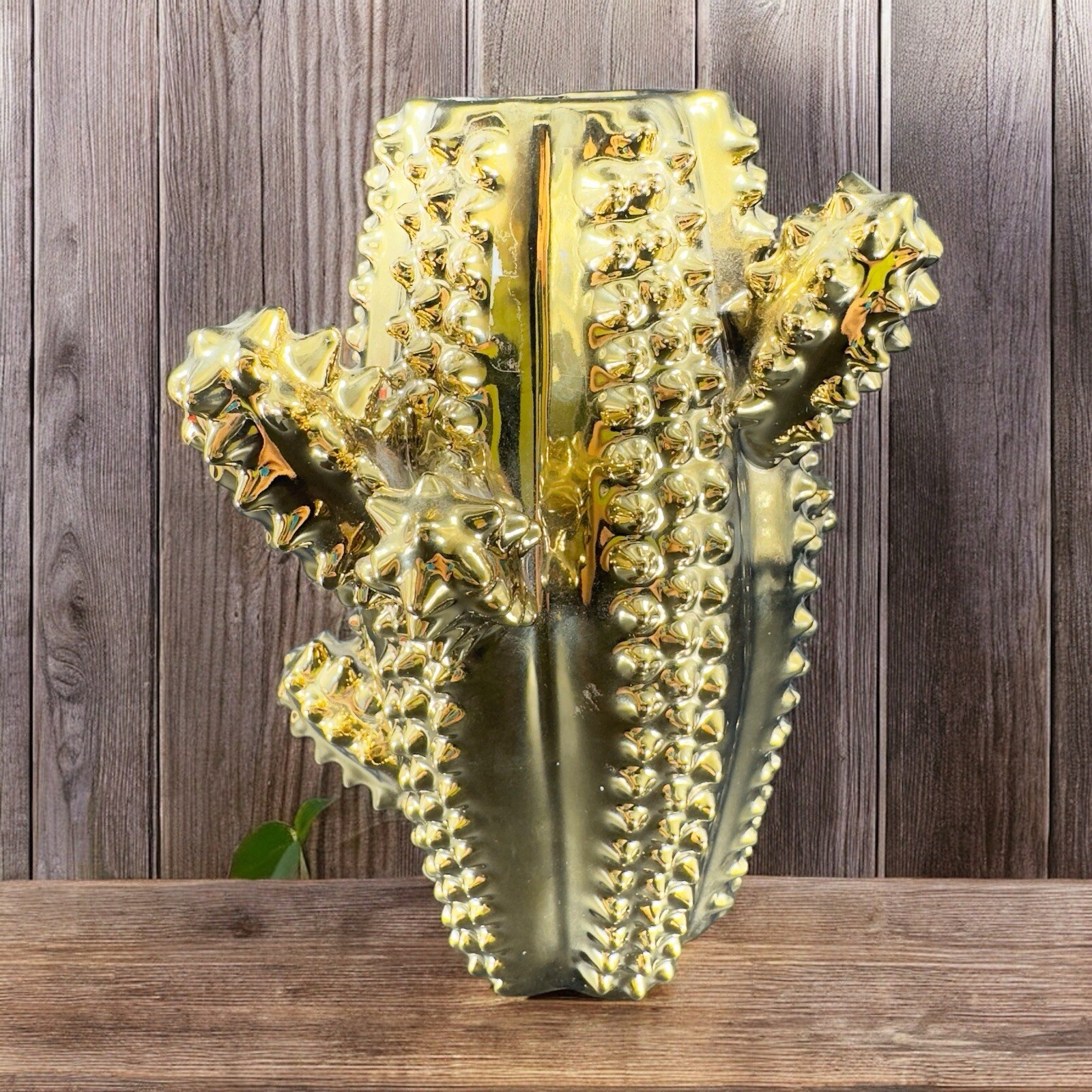 LA CASA BELLA Cactus Vase Ceramic Metallic Gold Vessel Vase Heavy Houseware VTG