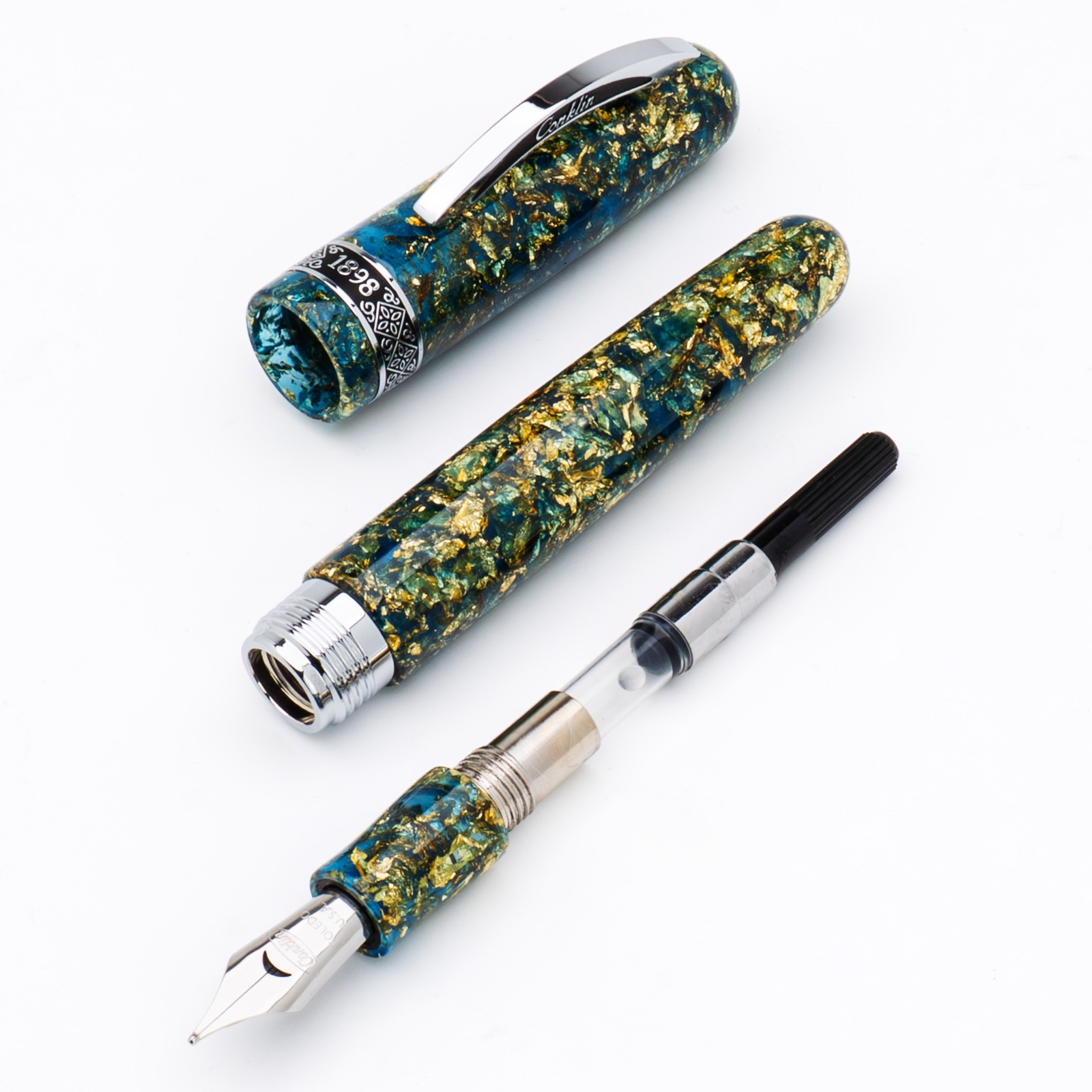 CONKLIN 1898 SOLARIS COLLECTION FOUNTAIN PEN BLUE WITH CHROME TRIM FINE NIB