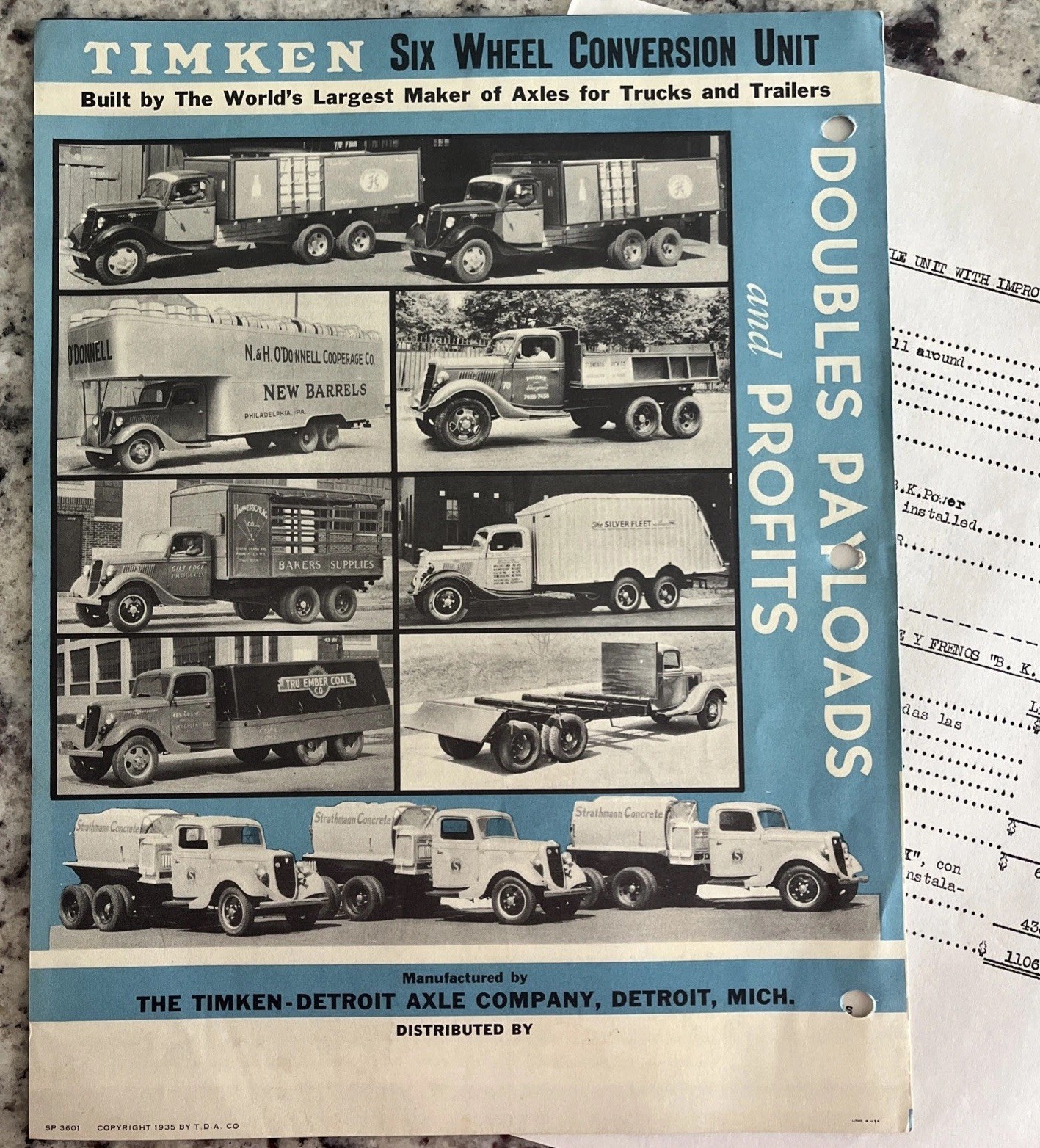 Vintage 1936 Ford V8 Truck 6 Wheel Dealer Brochure & Price Quote Timken-Detroit