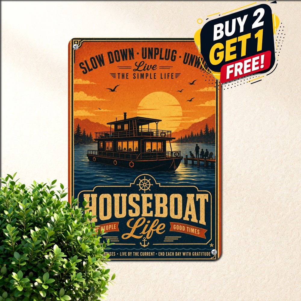 Sunset Sailboat Silhouette Retro Houseboat Life Poster Metal Tin Sign Decor