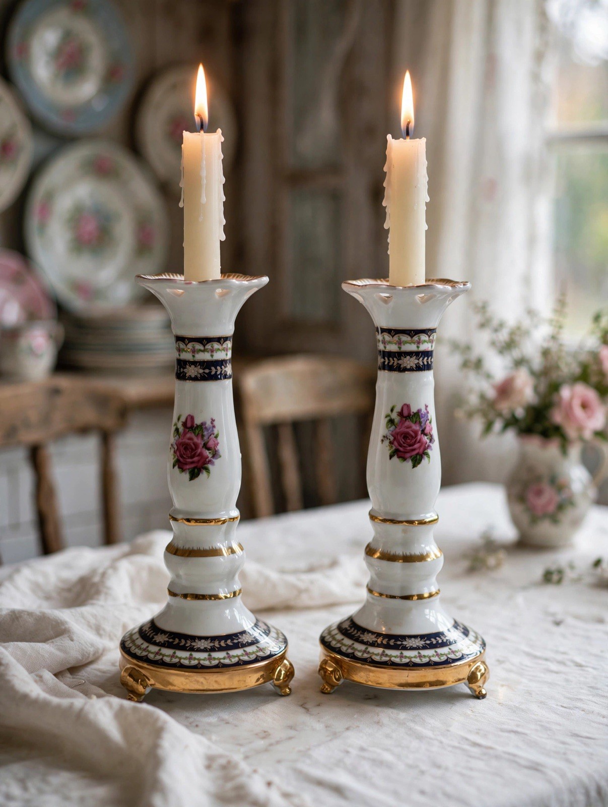 Vtg Sorelle Porcelain Candlesticks Pair Pink Roses Cobalt Blue Gold 7.25\