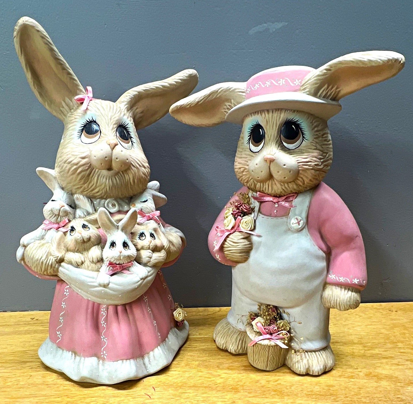 Vintage Sue Spears 1990 Ceramic Rabbit Figurines Set of 2 Pink Dress & Overalls 