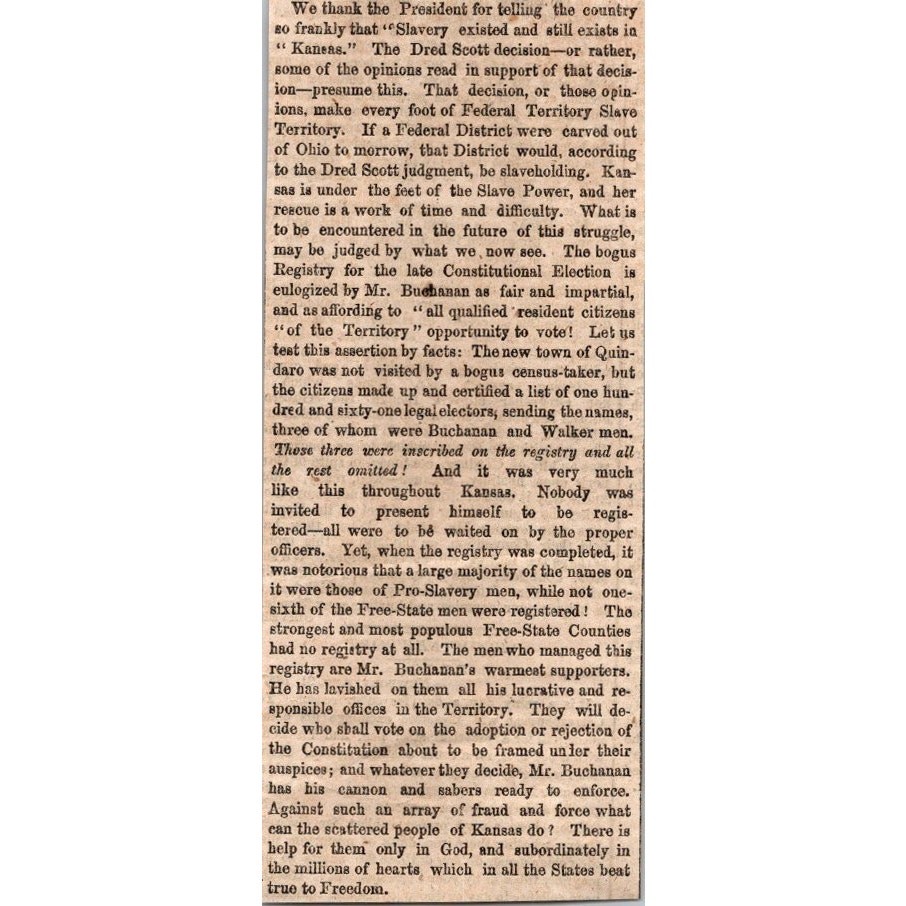 President Telling Slavery Existed & Still Exists In Kansas 1857 Clipping SAI8-H1