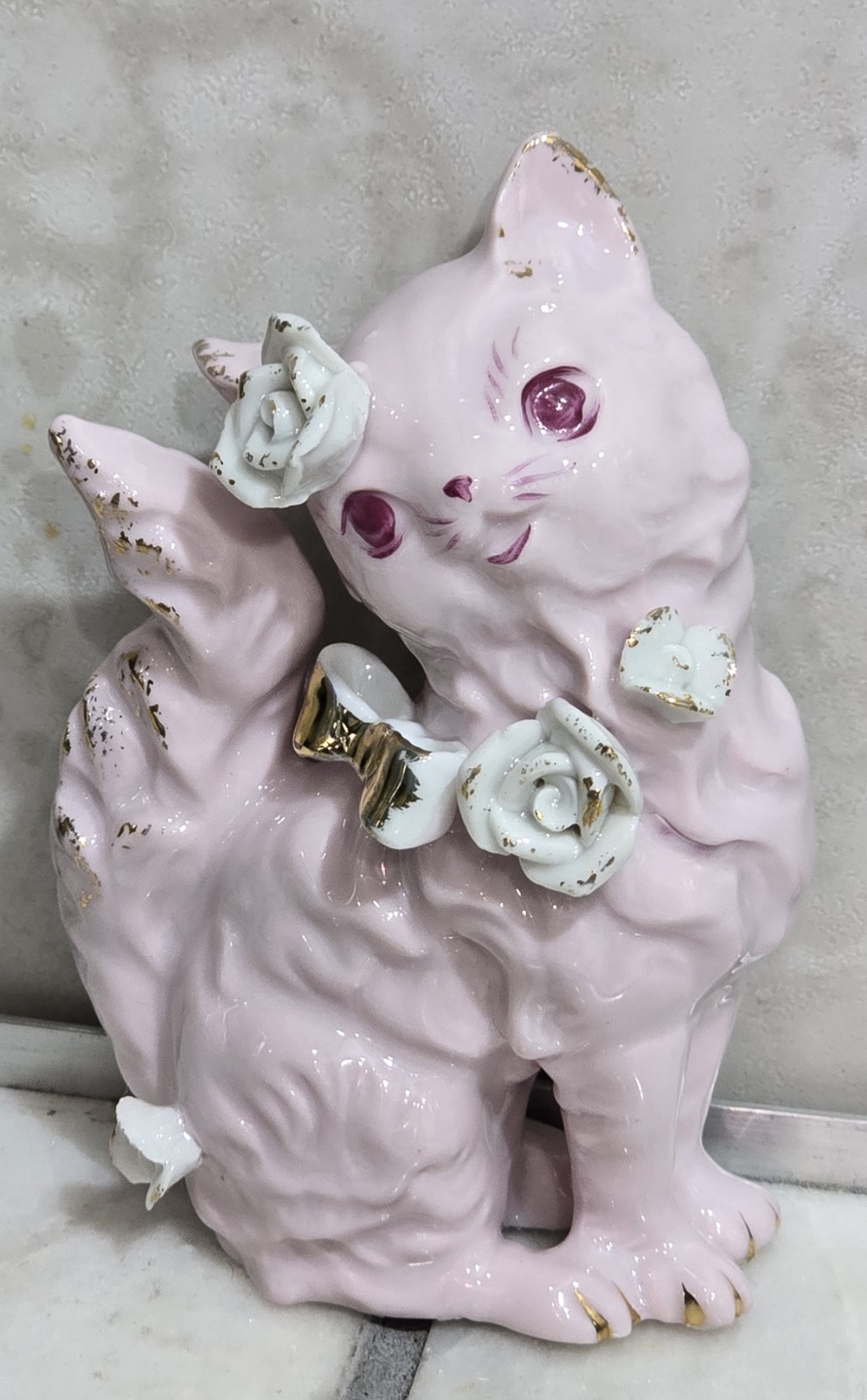 Vintage Japan Pink Ceramic Cat Kitten Figurine Applied Roses Bow Gold Trim 5in