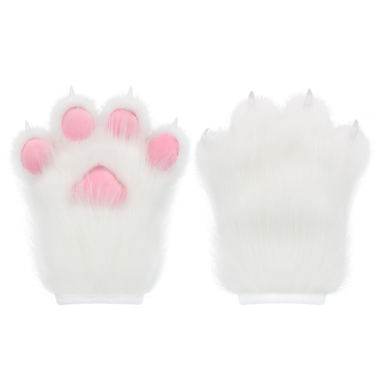 HAOAN Furry Faux Fur Fox Cat Paws Gloves Animal Fursuit One Size, White