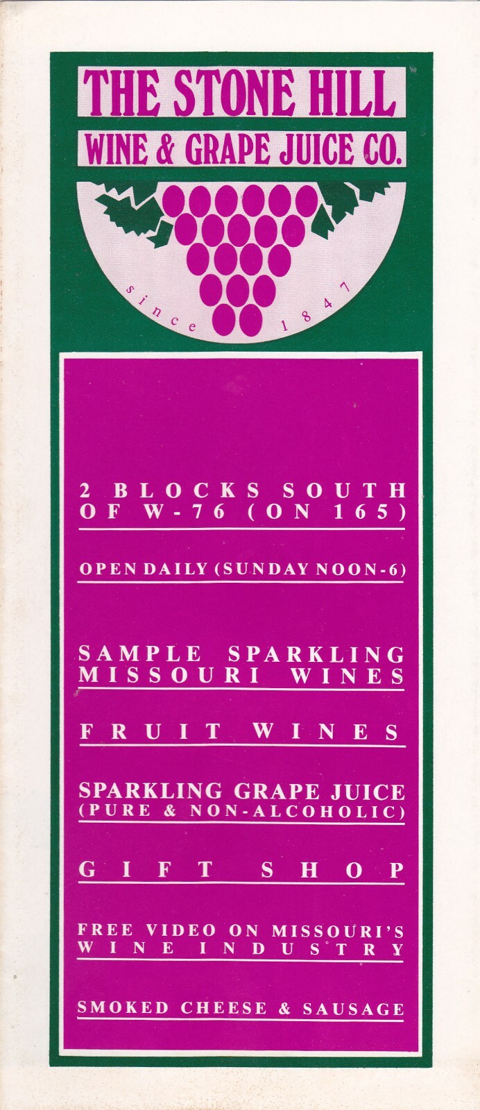 1980\'s Stone Hill Wine Co. Branson Missouri Brochure