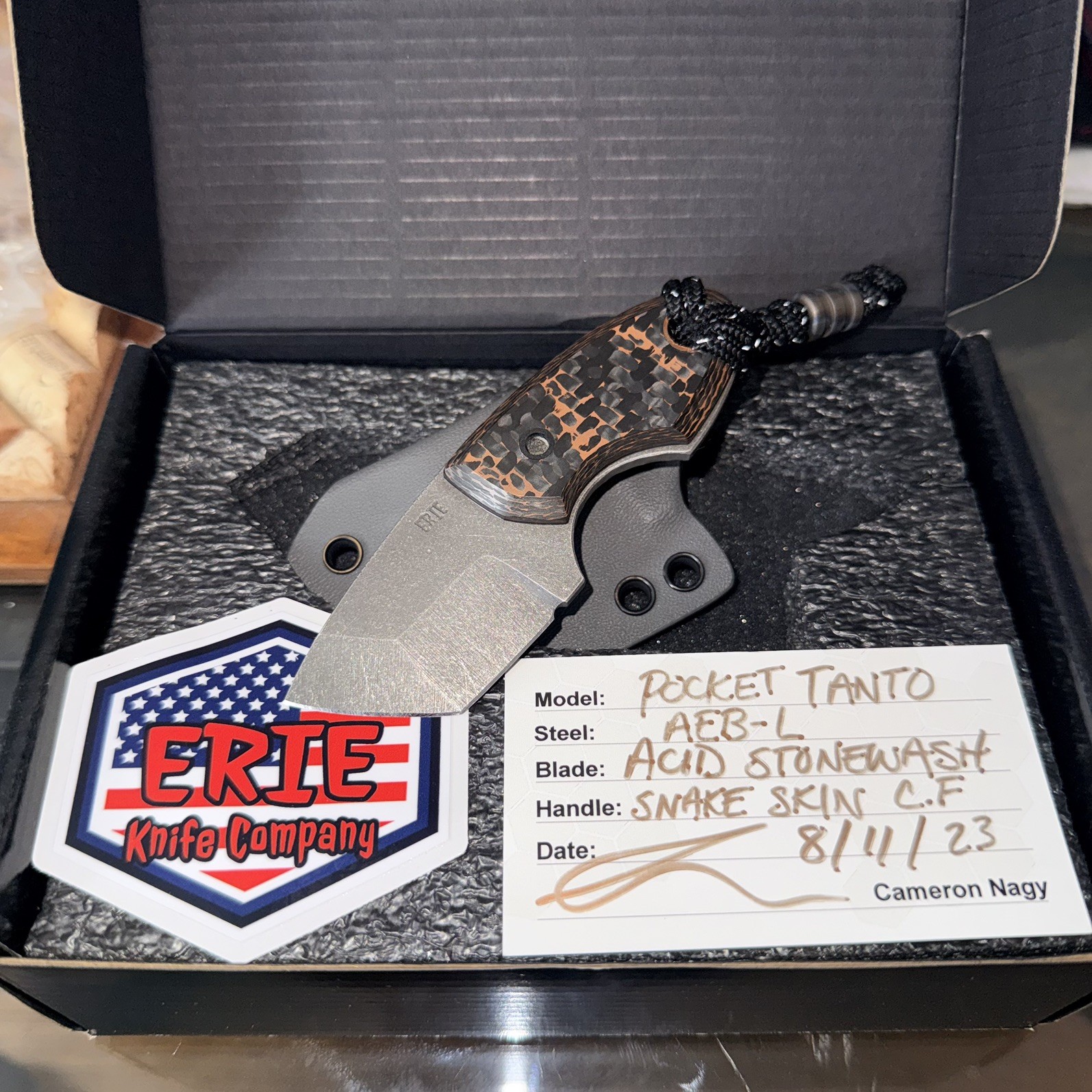 Erie Knives Custom Mini Tanto Fixed Blade EDC Copper Twill Carbon Fiber