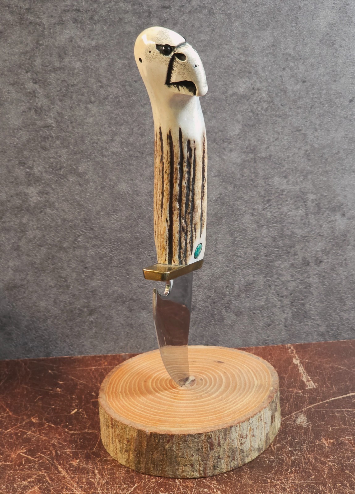 Ted Miller Custom Carved Stag Vulture Head Knife - Serial #40