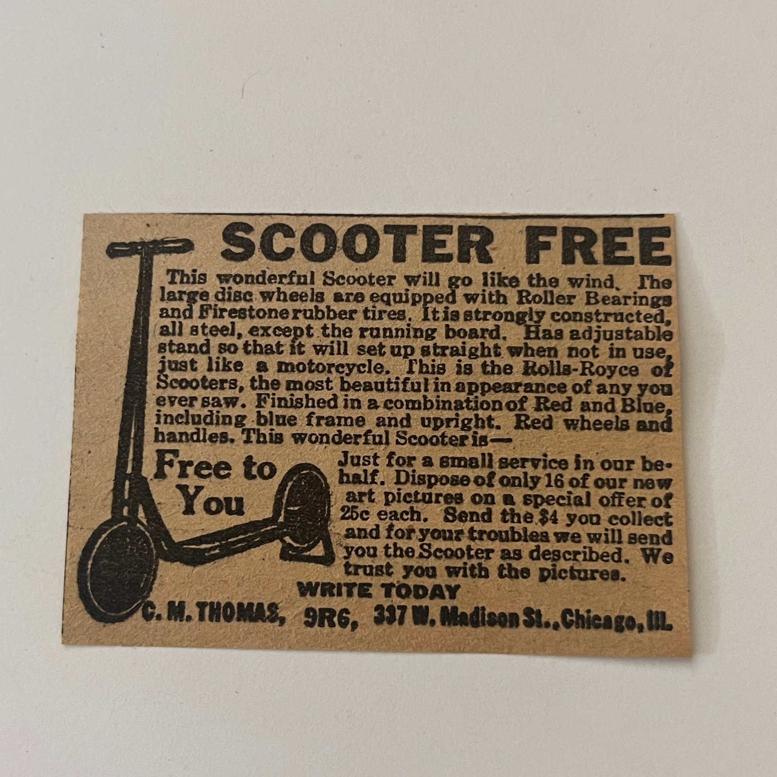 C. M. Thomas Wonderful Scooter Roller Bearings Chicago IL 1926 Ad SAI2-S6