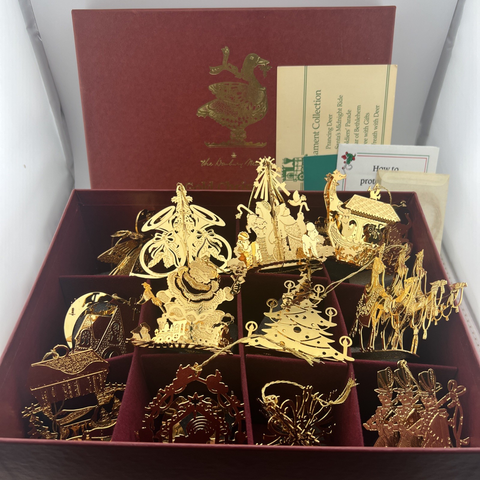 Vintage 1991 Danbury Mint Gold Christmas Ornament Collection W Box Complete Set