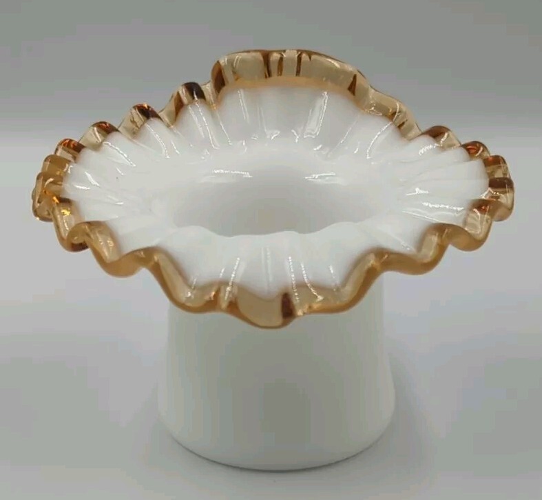 Vintage Fenton Milk Glass Gold Crest Ruffled Top Hat Vase