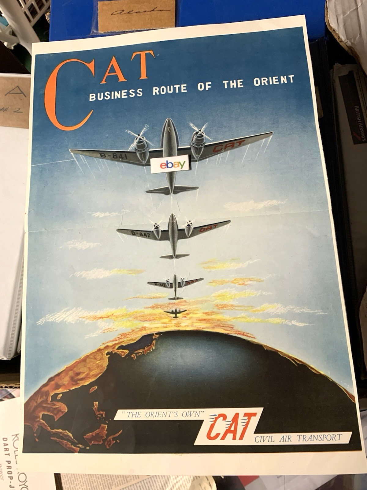CAT CIVIL AIR TRANSPORT Taipei,Taiwan 1950'S POSTER ART CURTISS C-46 BIZ ROUTE