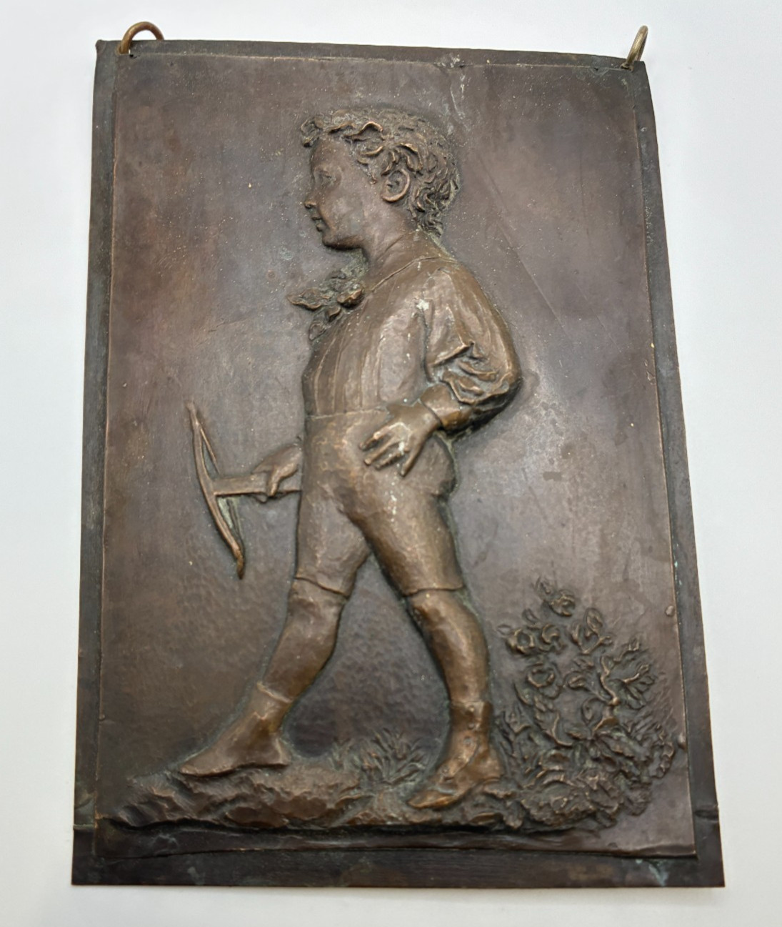 Antique Tin Relief Plaque Young Boy Miner Laborer Faux Bronze Wall Art 5.5x4