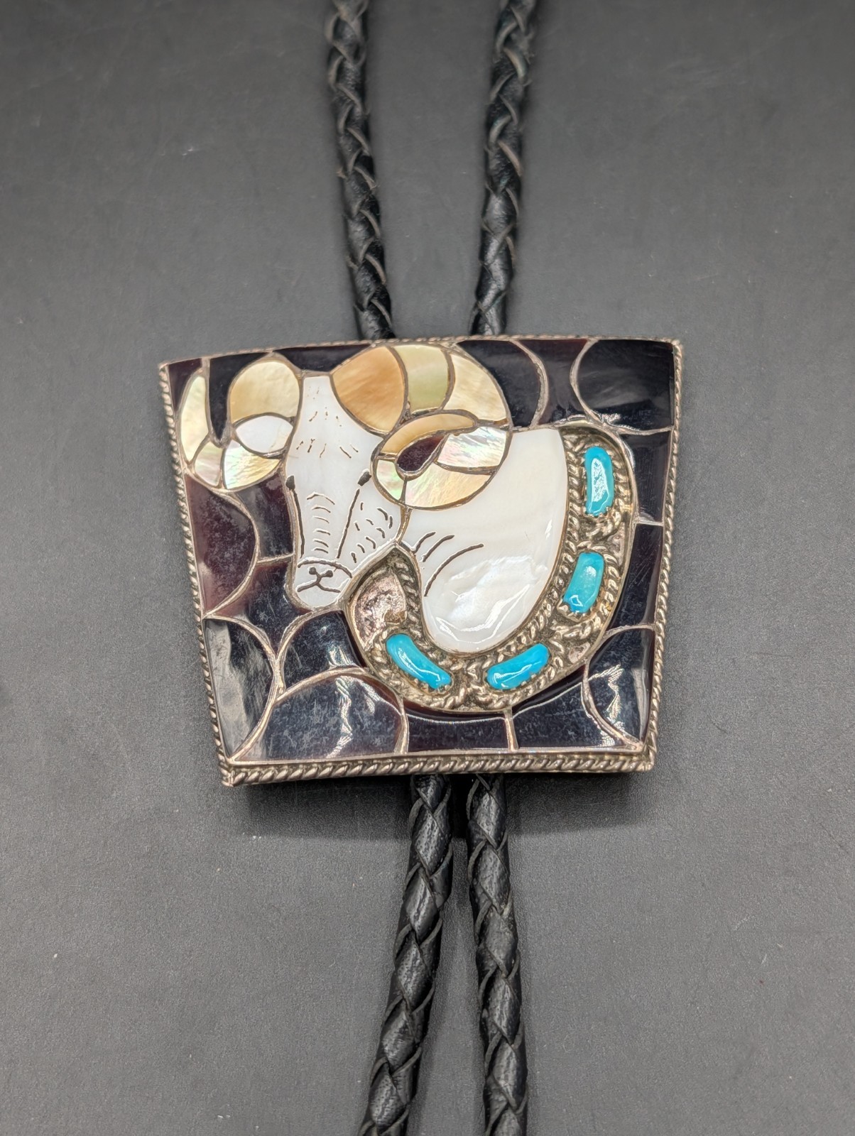 Vintage Zuni Native America Sterling Silver Bighorn Ram Bolo Tie E.A. Inlay READ