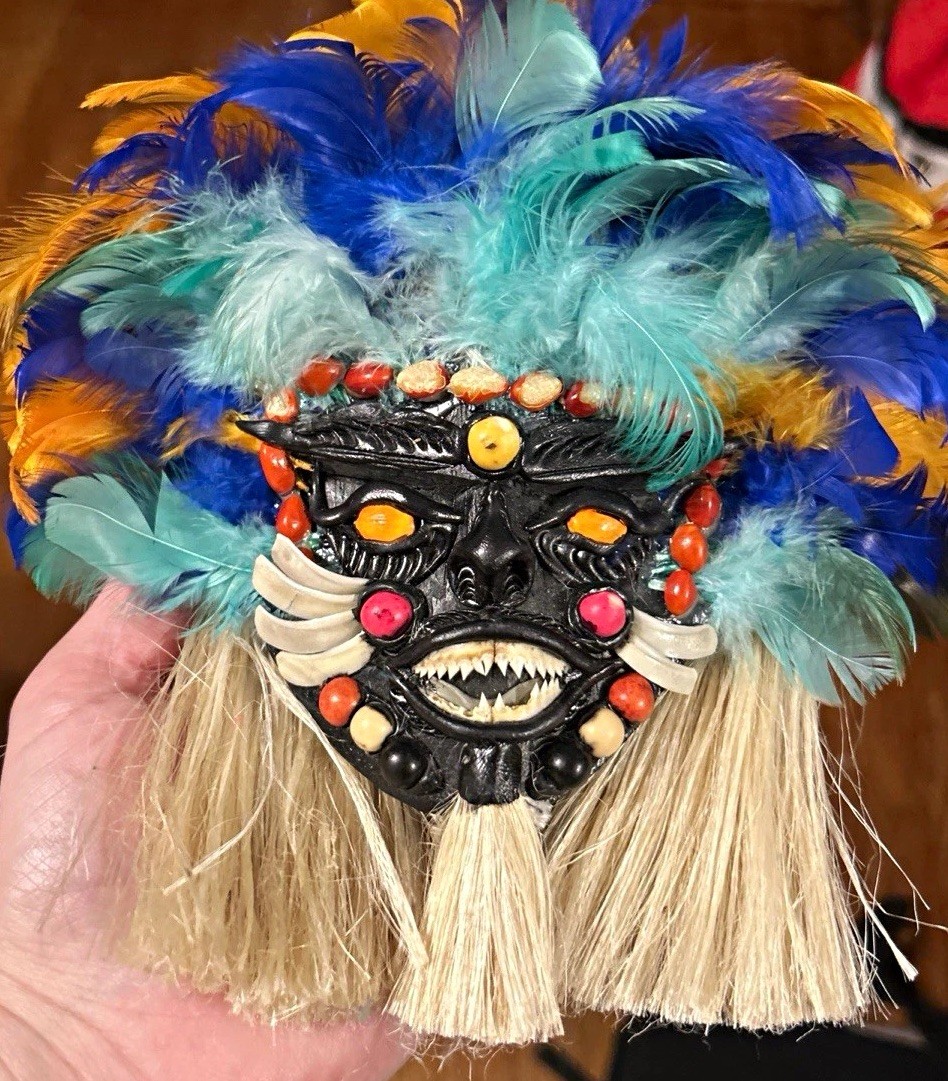 Vintage Amazon Brazilian tribal Mask with Feather Headdress, piranha teeth