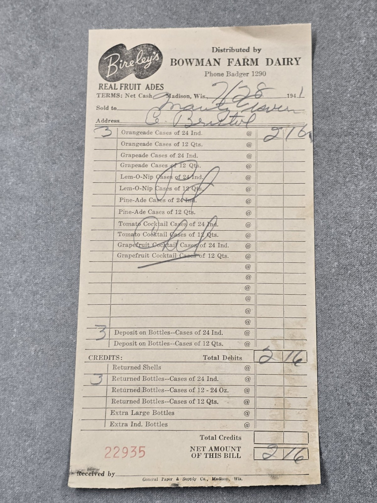 1943 Bowman Farm Dairy Real Fruit Ades Madison Wisconsin Receipt Billhead