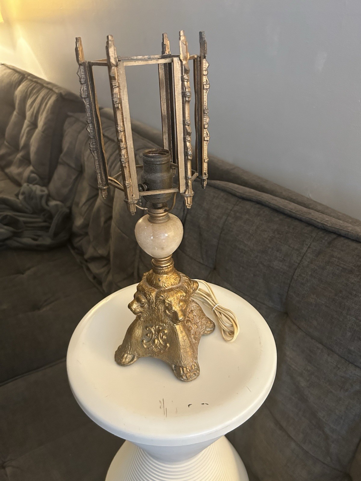 Antique 3 Lion Cast Metal Table Lamp w/ Alabaster Gothic Revival