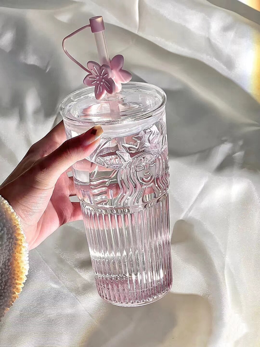 Hot Starbucks Cherry Blossom Pink Gradient Clear Fashion Glass Straw Mug Gift