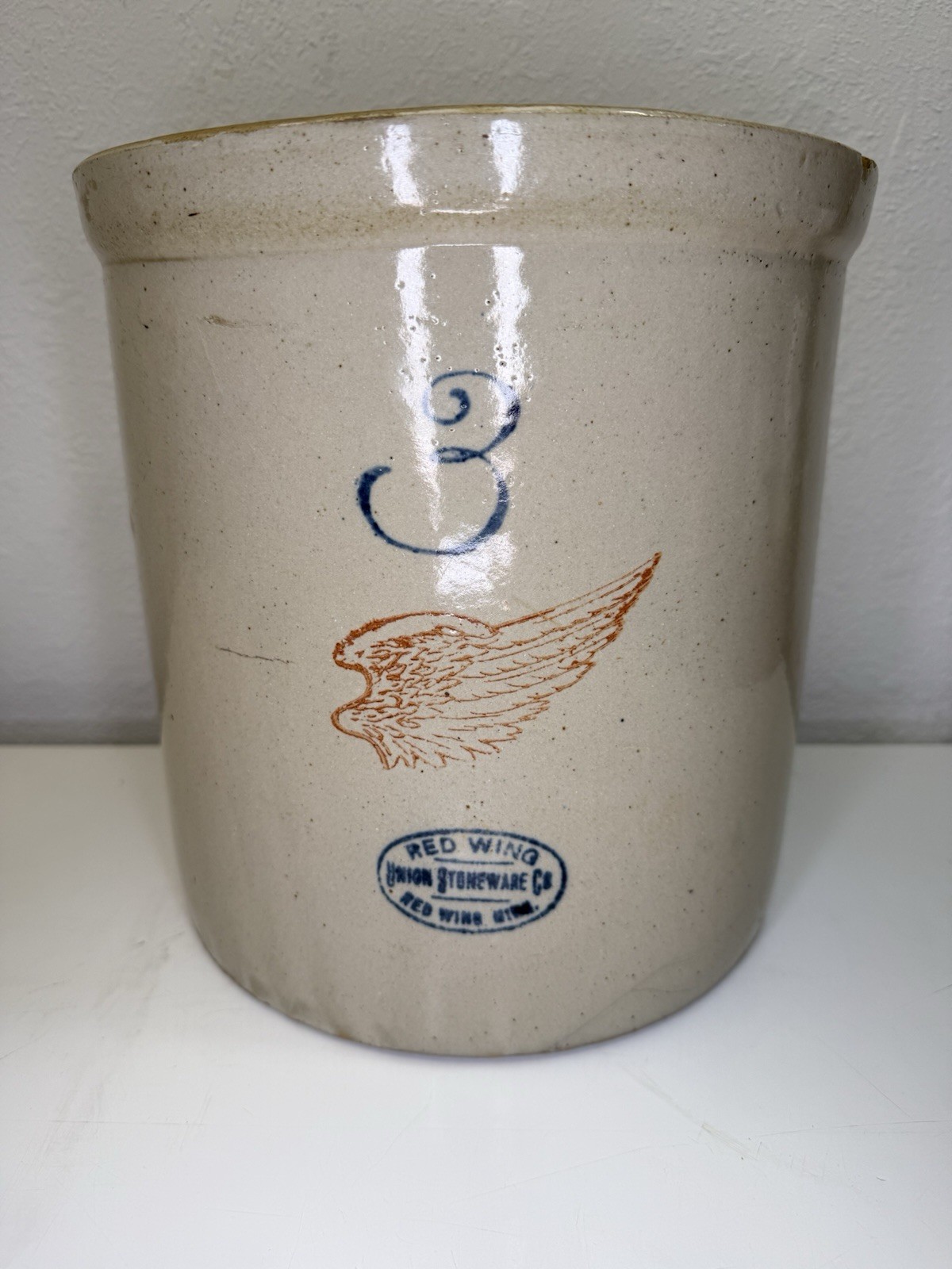 Antique Red Wing Union Stoneware 3 Gallon Crock 4” Wing Oval Stamp 1910-1930s