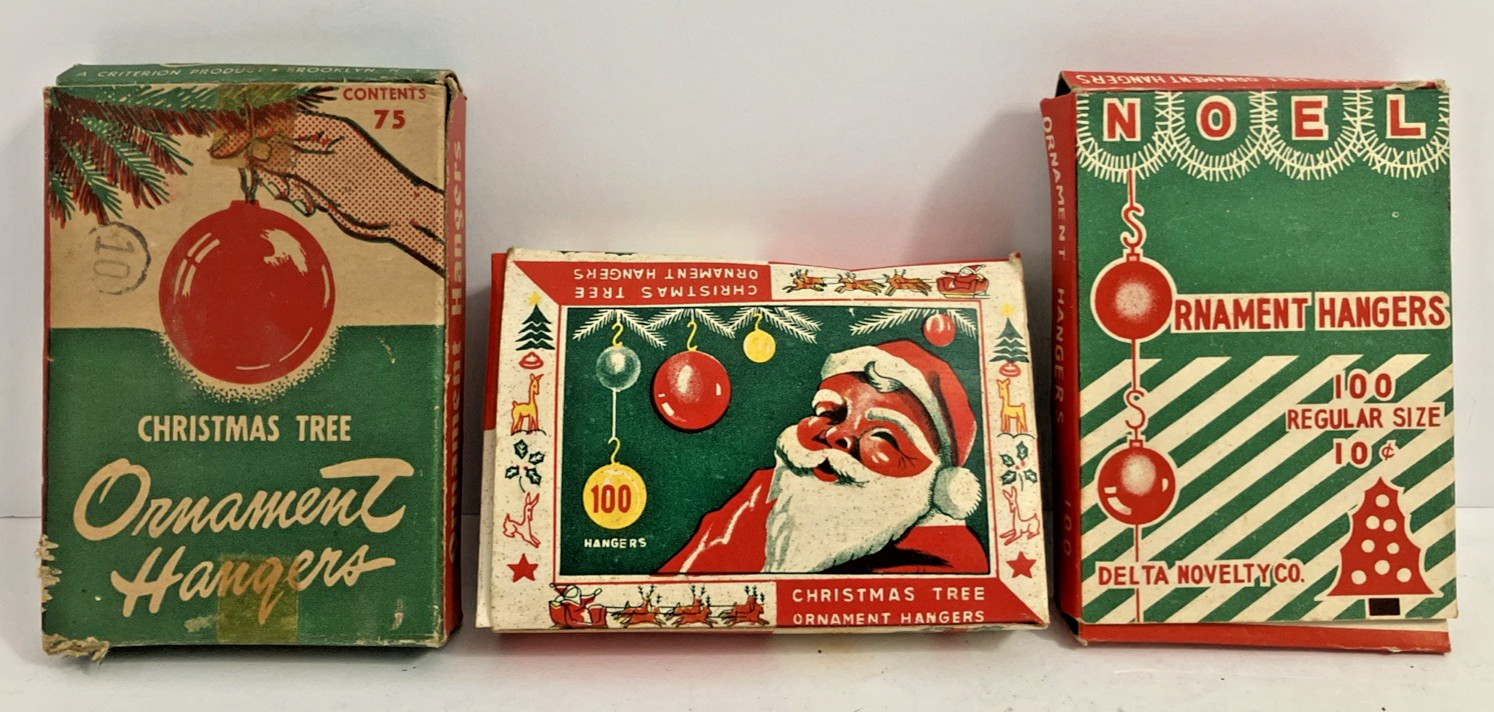 Vtg 50/60s LOT OF 3 Open BOXES of Christmas Ornament  Hangers Hooks JAPAN Santa