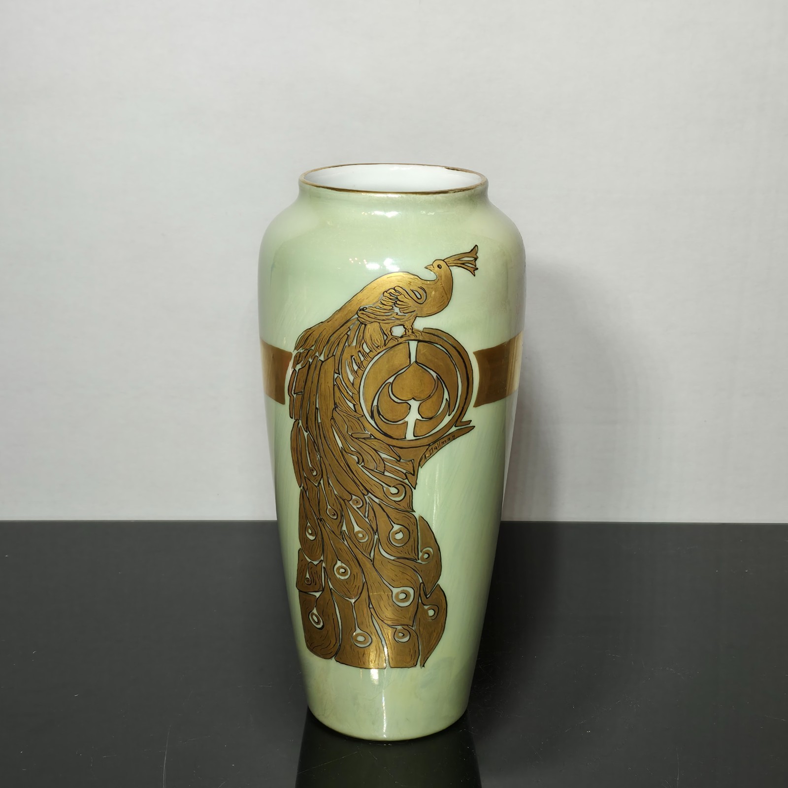 Antique Bavaria Porcelain Peacock Vase Hand Painted Gold Signed A Dallman