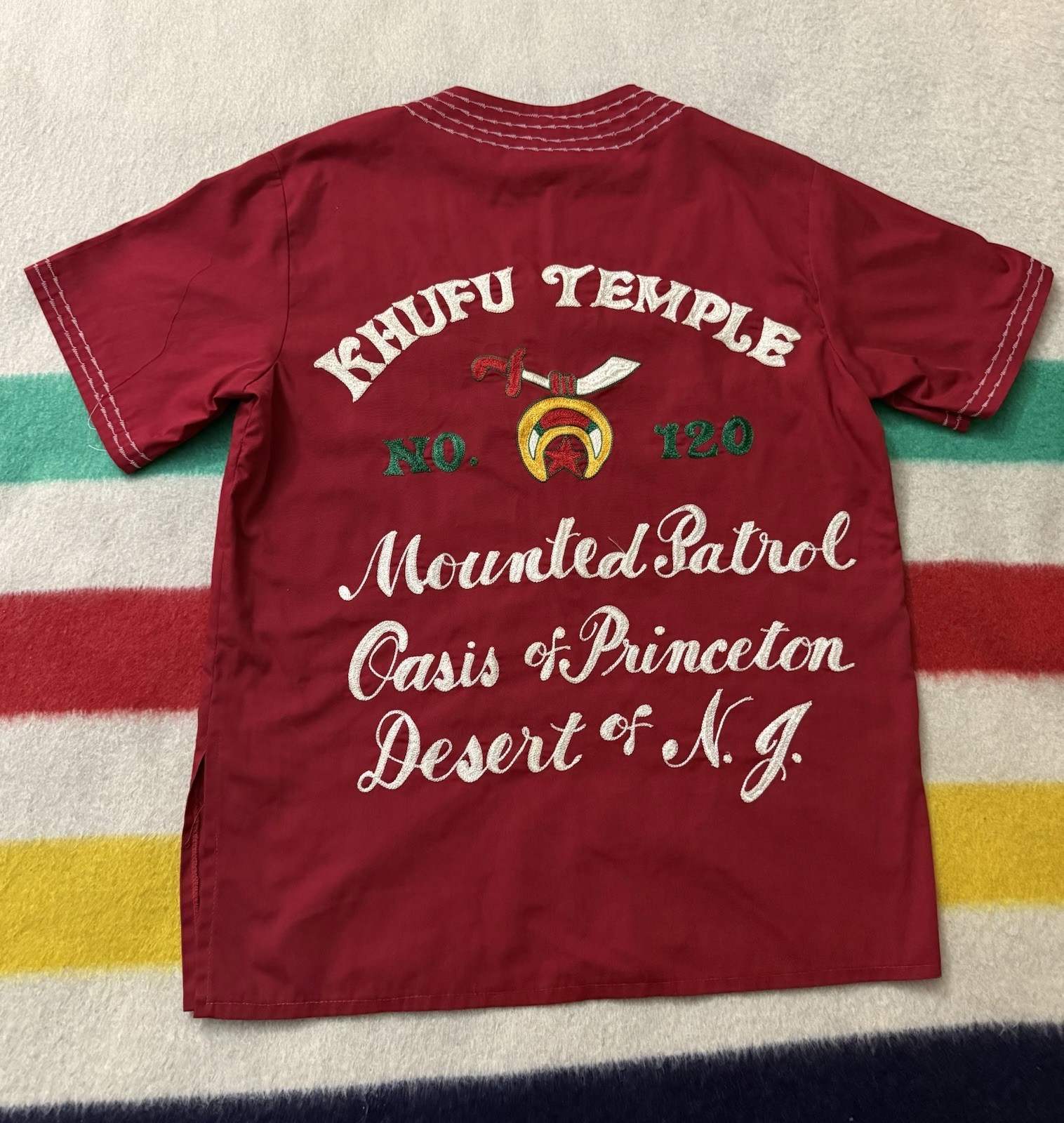 Vintage 50s 60s Red Khufu Temple Shriner Chainstitch Tunic Shirt Medium M NJ