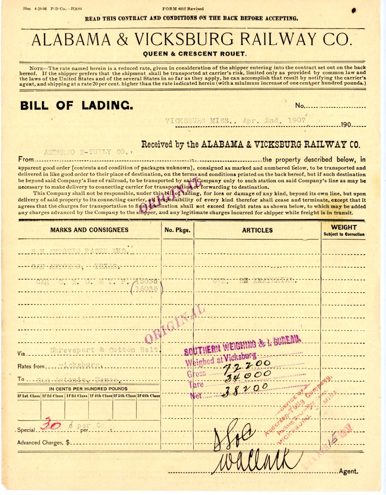 1907 Alabama & Vicksburg Railway Co Bill of Lading Shipment from Vicksburg, Miss