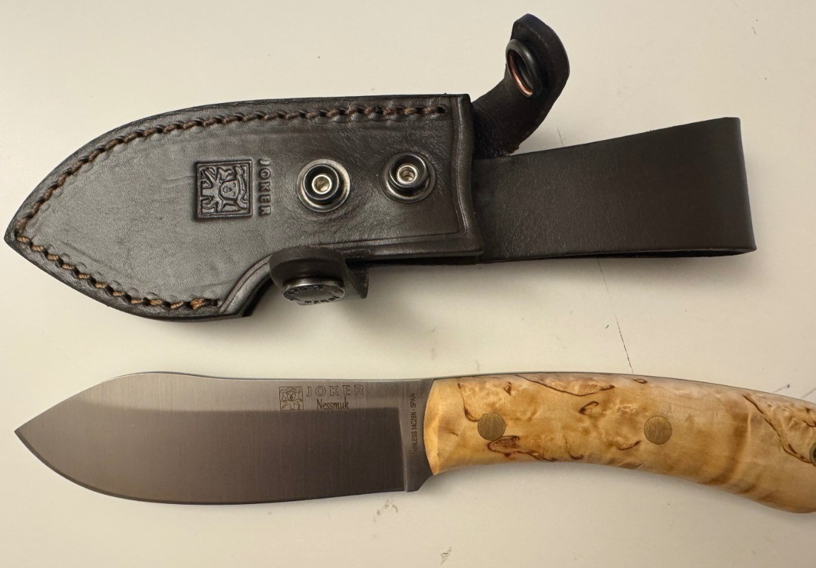 Joker Nessmuk Fixed Knife Sandvik 14C28N Steel Full Blade Curly Birch Handle