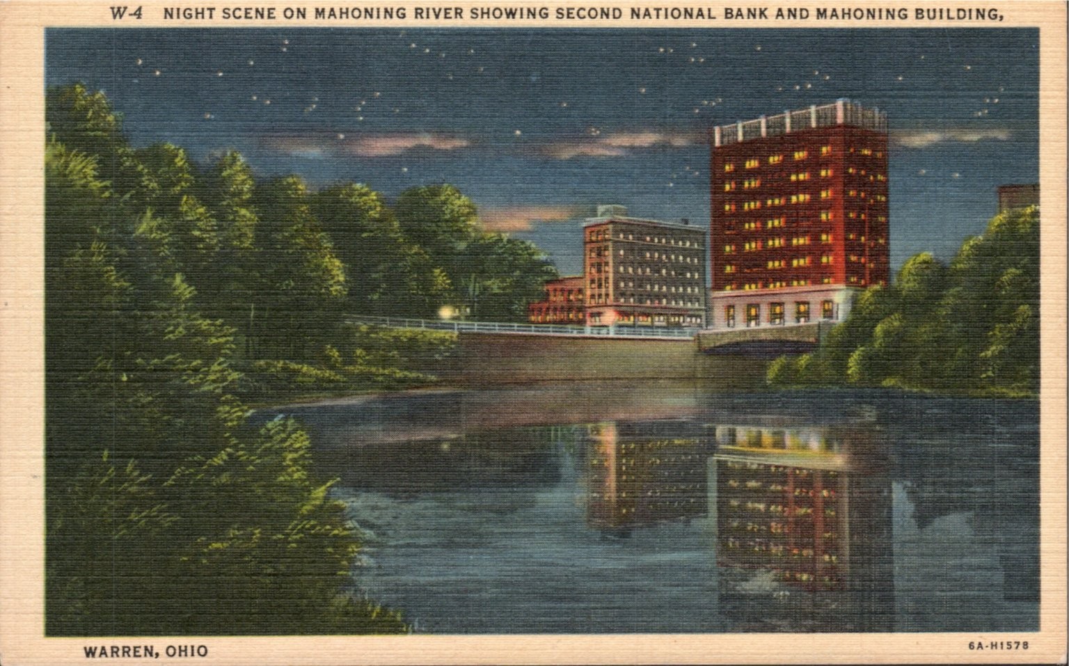 Warren Ohio Night Scene Mahoning River Second National Bank Building Postcard