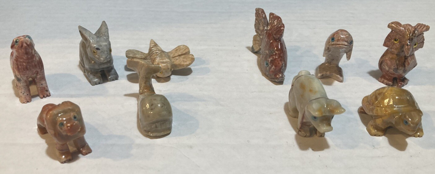 Lot of (10) Miniature Hand Carved Dolomite Animal Figurines Turtle Owl Pig Whale