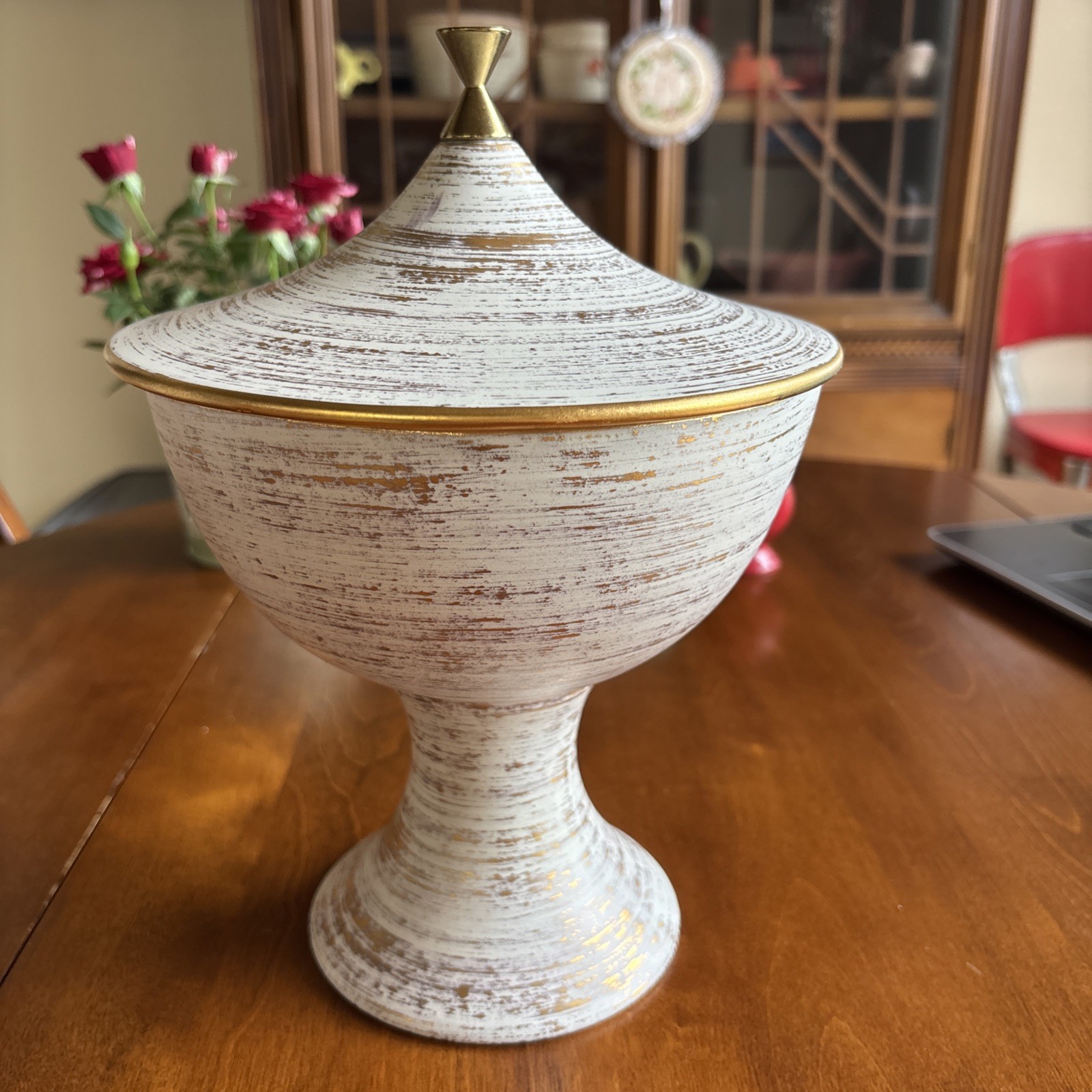 Vintage Royal Haeger Gold Tweed 22K Gold Lidded Pedestal Compote