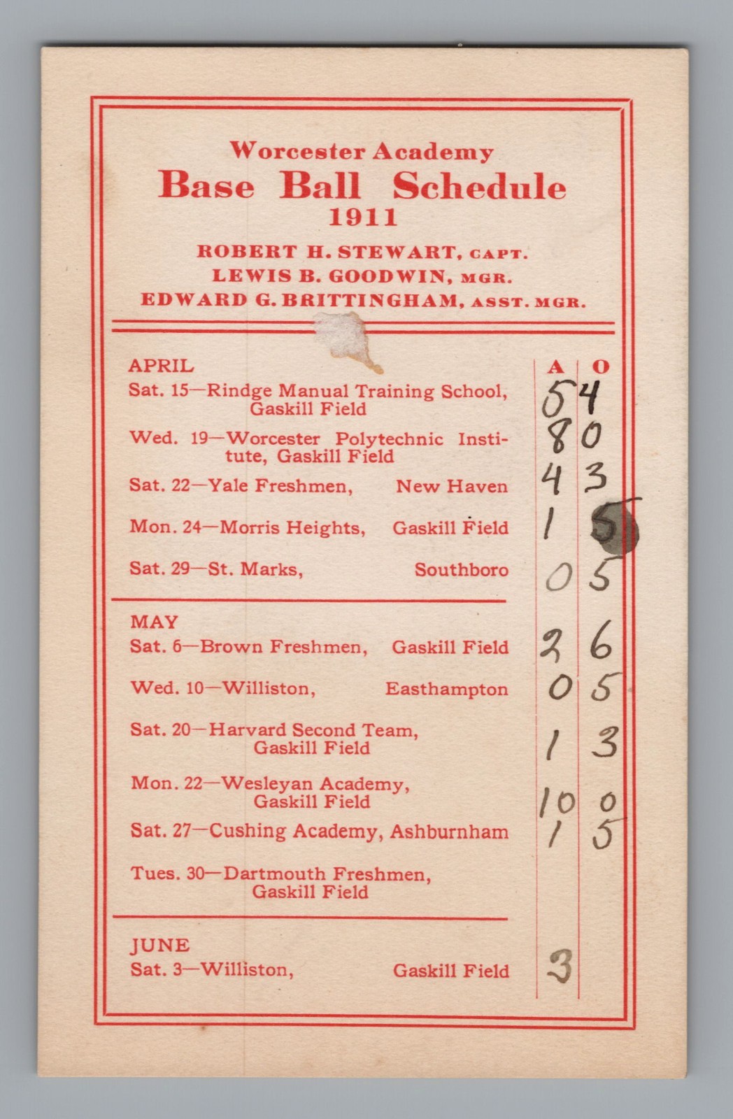 1911 Worcester Academy Baseball Schedule Card Vintage Antique Ephemera Souvenir