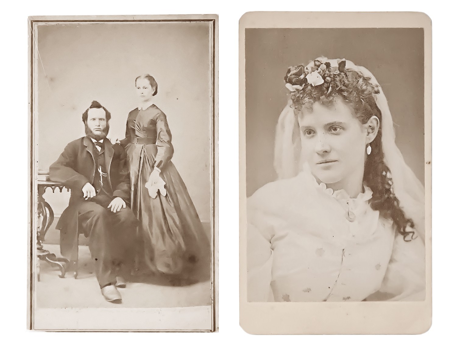 1860s Carte de Visite Lot x 2 Antique Photos Husband Wife Daughter Bride – PH88