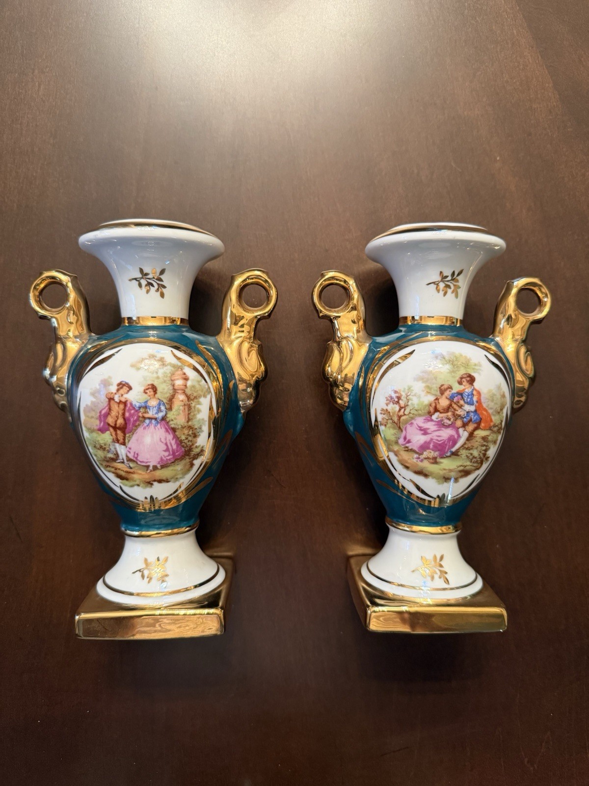 Vintage Limoges France Porcelain Vases Hand Painted Courting Scene Gold Gilt 7”