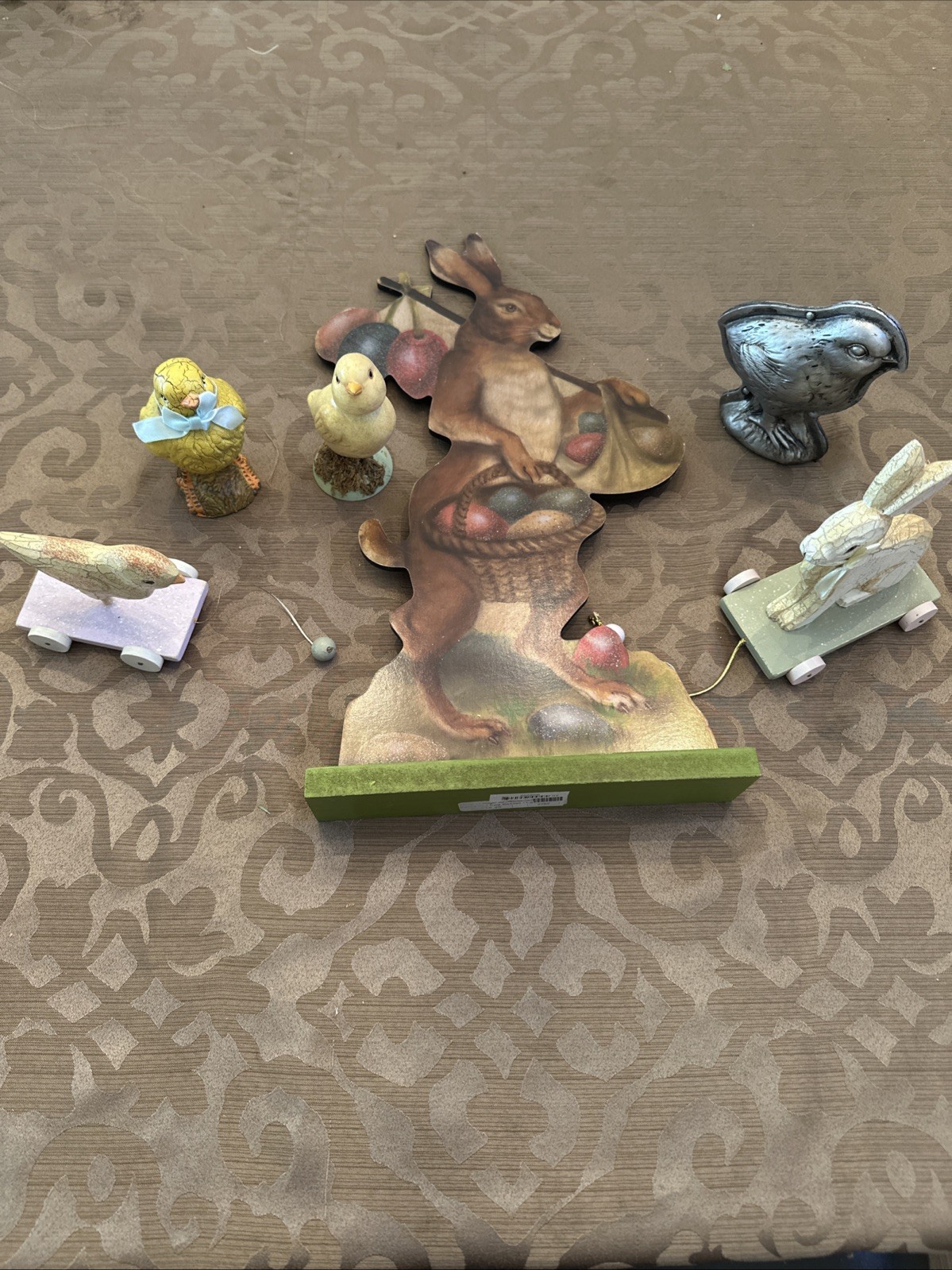Lot 6 Easter decor: wood bunny standee, chicks, metal bird, pull toys vintage
