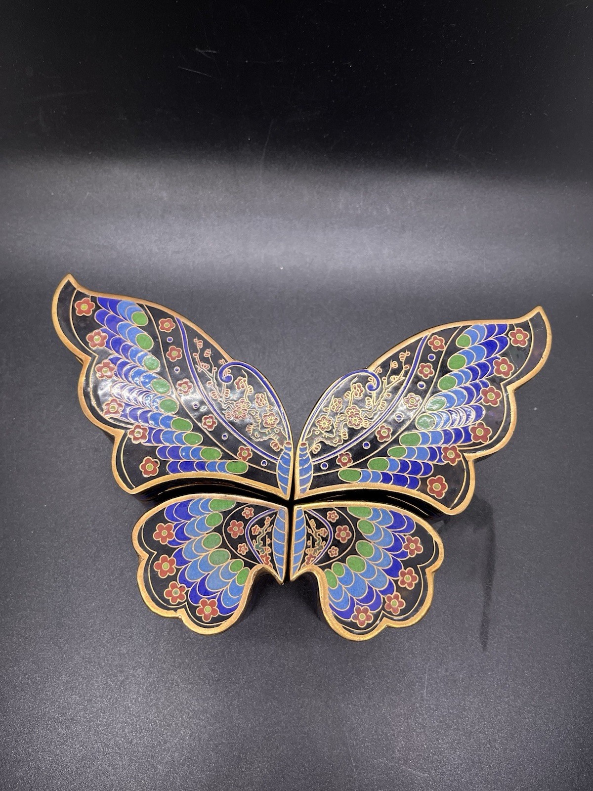 4 Piece Vintage Cloisonne Butterfly Shaped Floral Trinket Boxes