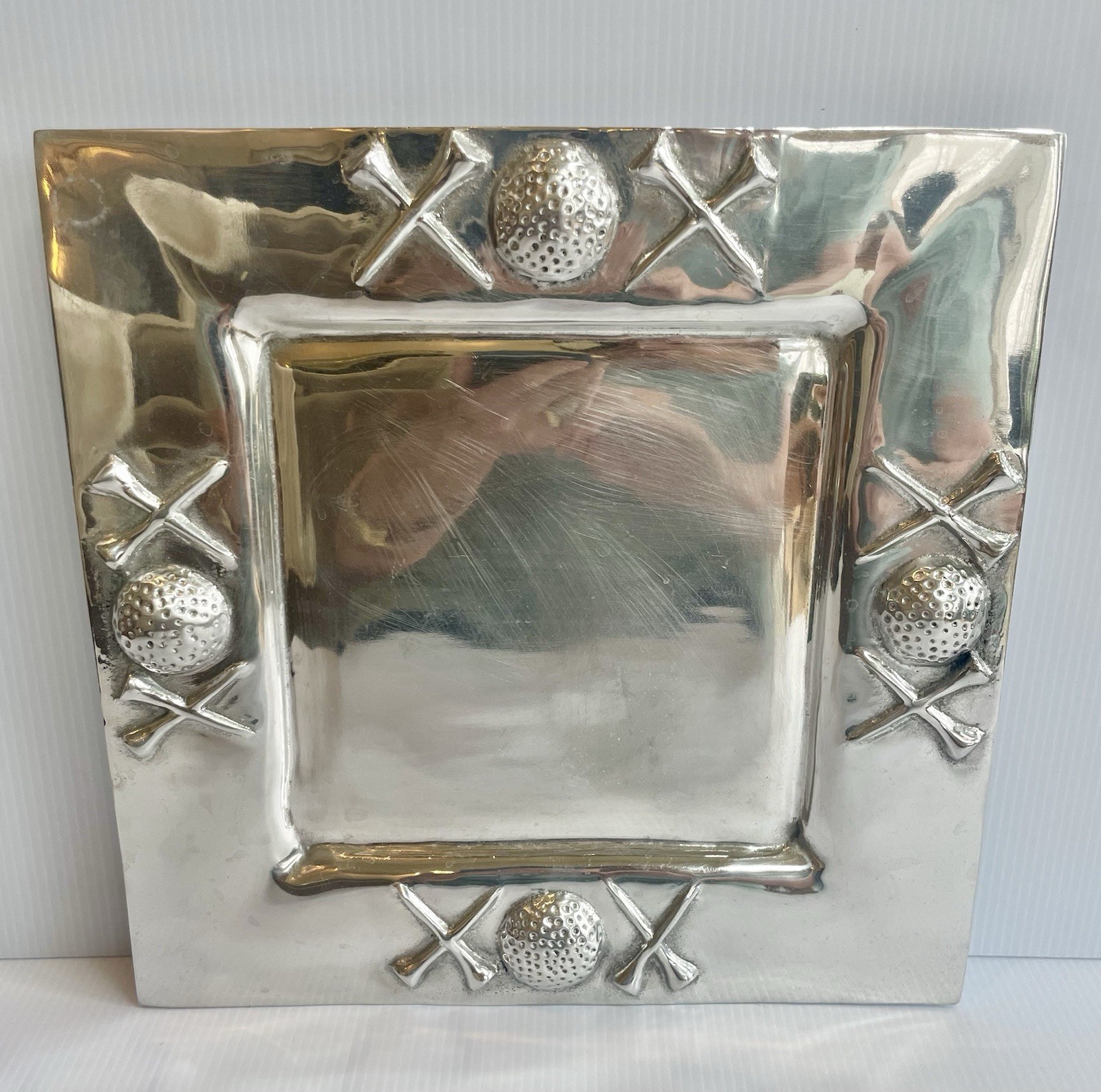 Vintage Pewter Golf Serving Platter  12”X 12” Square Tees/Ball Mexico Rare