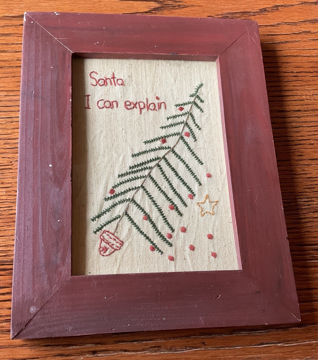 “Santa I Can Explain” Framed Primitive Hand Stitched Folk Art Christmas Tree