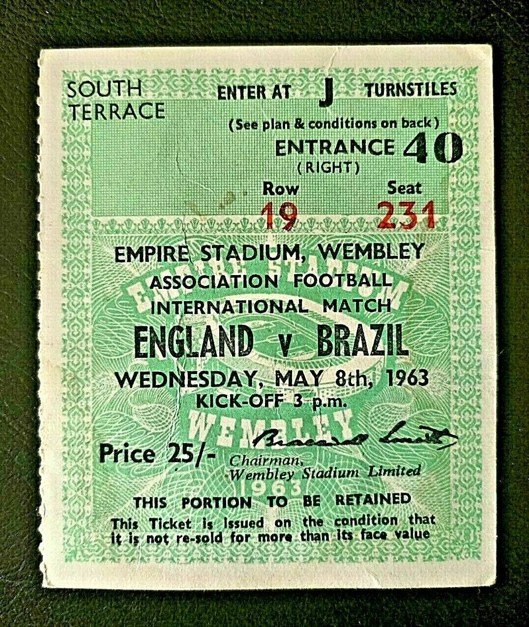 1963 TICKET - ENGLAND V BRAZIL INTERNATIONAL SOCCER MATCH WEMBLEY STADIUM